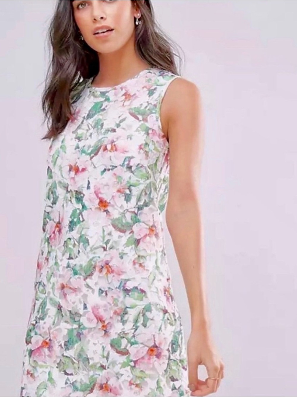 Uttam London White Floral Mini Dress with Pink & Green Print small